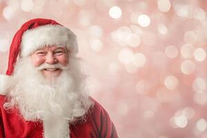 Joyful Santa Claus smiling against a dreamy bokeh background, inviting the holiday spirit during Christmas celebrations photo