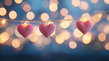Delicate pink heart-shaped decorations glowing softly against a dreamy bokeh background for a romantic setting photo