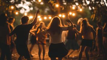A joyful gathering of people dancing together at an outdoor concert party during the evening under twinkling lights photo