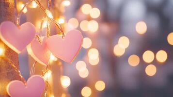 Romantic pink heart-shaped decorations glowing softly in a dreamy bokeh background on a tranquil evening photo