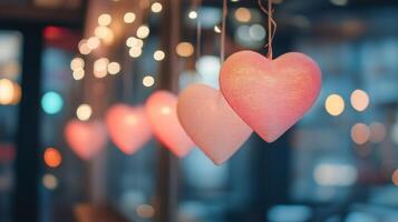 Romantic pink heart decorations hanging against a softly glowing bokeh background in a cozy setting photo