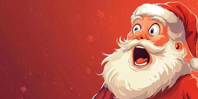 Shocked Santa Claus with a surprised expression on a vibrant red banner ready for holiday promotions and seasonal greetings photo