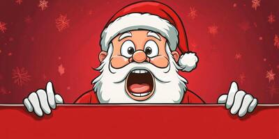 Shocked Santa Claus with a festive expression holding a red banner ready for joyful holiday messages in a cheerful Christmas atmosphere photo