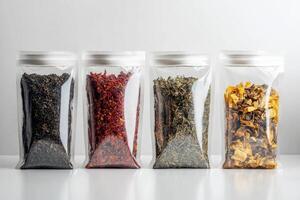Varieties of tea stored in clear bags showcasing fresh blends on a minimalist background photo