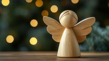 A wooden Christmas angel figurine illuminated by a soft bokeh background, capturing the essence of holiday spirit photo