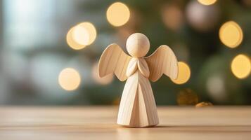A wooden angel figurine stands gracefully in front of a festive bokeh background, capturing the spirit of Christmas photo