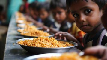 Children receiving meals during World Food Day celebrations in a communal setting focused on addressing hunger and nutrition issues photo
