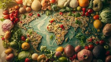 Celebrating World Food Day with a vibrant display of global produce arranged on a map of the world photo