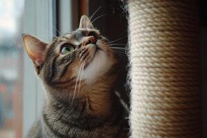 A curious cat interacts with its scratching post near the window, showcasing playful and natural behaviors during the afternoon photo