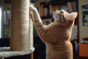 A playful cat engaging with a scratching post in a cozy living room during the afternoon sunlight photo