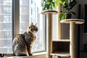 A curious cat exploring a scratching post while enjoying the sun by the window in a cozy indoor environment during the afternoon photo
