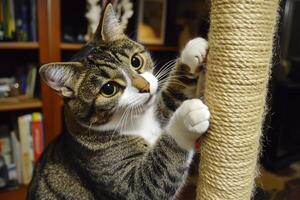 A playful cat enjoying its time scratching and climbing on a cat tree indoors during the evening hours photo