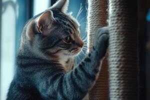 A playful tabby cat exploring a scratching post in a sunlit living room, showcasing its natural instincts and climbing skills photo