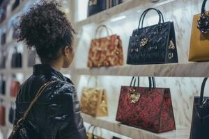 A customer explores a selection of stylish designer handbags in a luxury boutique during a personalized shopping experience photo