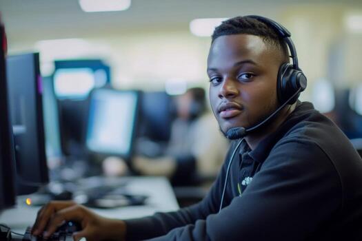 Customer service representative assisting clients with telecom inquiries at a busy call center during working hours photo