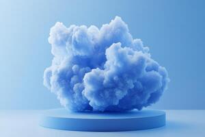A soft, lovely blue cloud floats serenely on a circular platform against a gentle blue background in a tranquil atmosphere photo