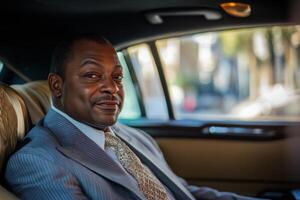 African American billionaire relaxing in a limousine while enjoying the cityscape in broad daylight photo