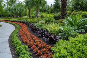 Organized garden bed with alternating rows of vibrant plants showcasing variety in growth patterns and textures photo