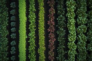 Organized garden bed showcasing alternating rows of vibrant plants in various stages of growth during the daytime photo