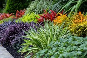 Vibrant garden bed displaying alternating rows of lush plants in a well-organized layout under bright daylight photo