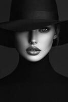 Elegant black and white portrait of a woman wearing a black hat that partially obscures her face, captured in a dramatic light setting photo