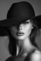 Portrait of a beautiful woman wearing a black hat that partially obscures her face, captured in a minimalist black and white style photo
