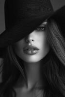 A captivating black and white portrait of a beautiful woman wearing a stylish black hat that conceals part of her face photo
