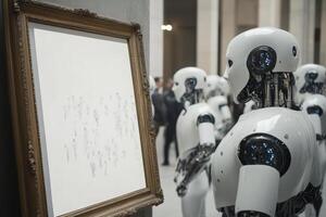 A crowd of AI robots gazes at a blank canvas framed in baroque style in an art gallery photo