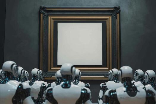 A crowd of AI robots marvels at a blank canvas framed in baroque style in a contemporary art gallery during an exhibition photo