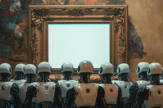 A gathering of AI robots in a gallery marveling at a blank canvas framed in an ornate baroque style photo