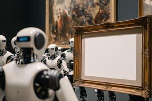 A crowd of AI robots marvels at a blank canvas in an ornate frame within a modern art gallery photo