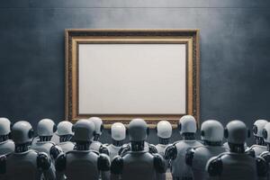 A crowd of AI robots marvels at a blank canvas in a baroque frame displayed in a modern gallery setting photo