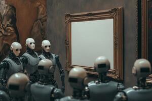 A crowd of robots marvels at a blank canvas in an ornate baroque frame within an art gallery, exploring the limits of creativity and perception photo