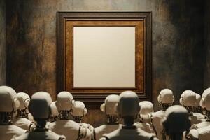 A crowd of AI robots marvels at a blank canvas framed in ornate baroque style within an art gallery setting photo