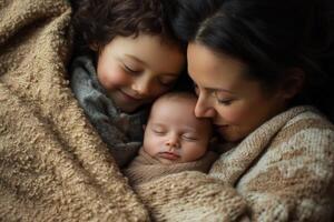 A loving family sharing warmth under a cozy blanket at home during a peaceful afternoon photo