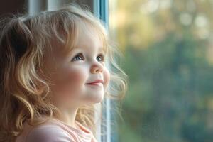 A joyful child gazing out of a window, enjoying nature and the sights outside on a sunny day photo