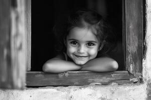 A cheerful child gazes out of a window, enjoying the view on a sunny day in a cozy home environment photo