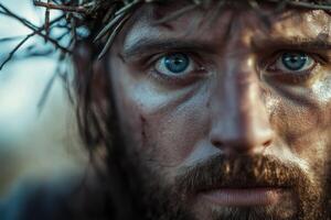 Close-up portrait of a man with piercing blue eyes wearing a crown of thorns, depicting deep emotion and struggle in a natural setting photo