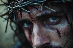 Close-up portrait of a man wearing a crown of thorns, capturing raw emotion and intensity in a somber setting photo