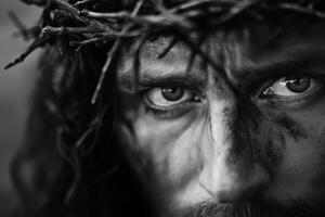Close-up portrait of a man with a crown of thorns, depicting deep emotion and hardship, captured in a serene atmosphere photo