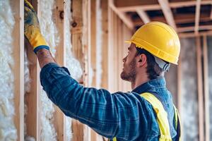 Construction worker installs fiberglass insulation in a wooden wall frame in a new home to enhance energy efficiency photo