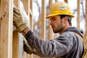 Construction worker carefully installs insulation in a wooden wall frame for energy efficiency in a new home photo