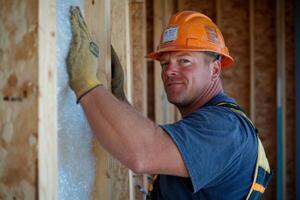 Construction worker installing fiberglass insulation in a wooden wall frame for energy efficiency in a new home photo