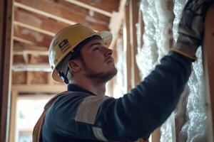Construction worker installs fiberglass insulation in wooden wall frame for energy efficiency in new home under construction photo