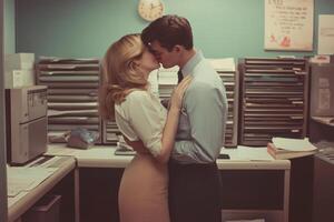Coworkers share a romantic kiss in a busy office environment during work hours near filing cabinets and computers photo