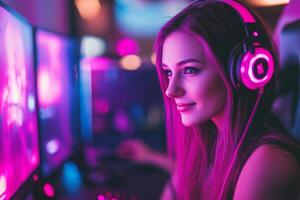 An e-girl streams gameplay in a vibrant room adorned with pink LED lighting and surrounded by a powerful gaming rig photo