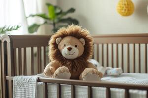 Cozy lion plushie sits in a baby crib surrounded by soft decor in a serene nursery photo