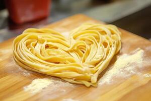 Heart-shaped pasta delicately rolled on a wooden cutting board in a cozy kitchen setting, ready for a romantic dinner photo