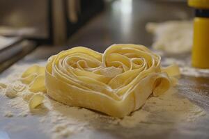 Pasta shaped into a heart on a kitchen countertop surrounded by flour and cooking tools for a romantic meal preparation photo