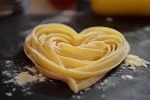 Heart-shaped pasta crafted with care on a floured surface, symbolizing love for cooking and Italian cuisine photo